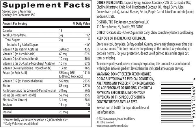 Amazon Basics Adult Multivitamin Gummies, Mixed Berry & Cherry Flavors, 150 Count, 75-Day Supply, Pack of 2 (Previously Solimo)