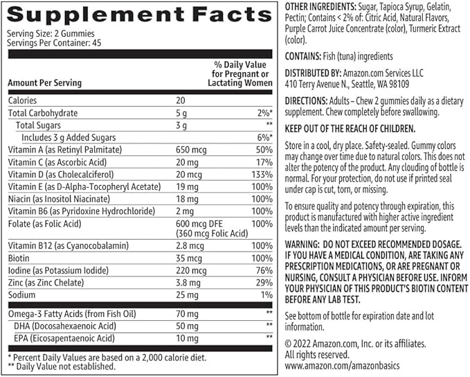 Amazon Basics Prenatal & DHA Gummy, Rasberry & Lemon Flavor, 90 Count (Previously Solimo)
