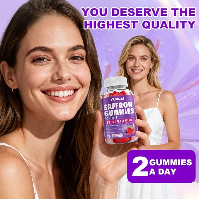 Pack of 2 Saffron Gummies, 10-in-1 Saffron Supplements for Kids & Adults with 88.5mg Saffron Extract, for Emotions, Zzz, Sugar Free, Raspberry Flavor, 120 Count