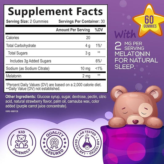 Kids Sleep Gummies with 2mg Melatonin Per Serving - Children's Sleep Gummy, Non-Habit Forming, Works with Natural Sleep Cycle, Supports Calm & Drug-Free, Natural Berry Flavor, 60 Gummies