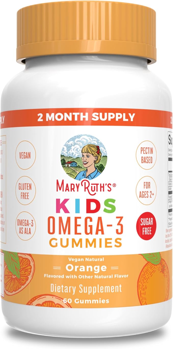 MARYRUTH'S Vegan Omega 3 Gummies for Kids 2+, 2 Month Supply, Sugar Free, Omega 3 Supplement with Vitamin C, Flaxseed Oil, Immune Support, Essential Nutrient ALA, No Fish Taste, 60 Count