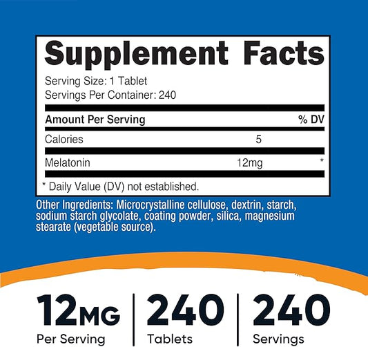 Nutricost Melatonin 12mg, 240 Tablets - 12mg Per Serving, Non-GMO, Gluten Free