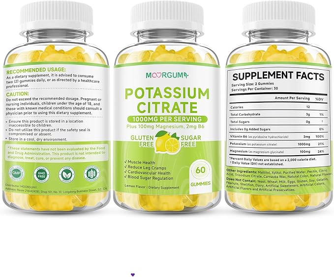 Potassium Citrate 1000mg Gummies, Potassium Supplement for Adults Women and Men, with Magnesium, Vitamin B6 Chewable Supplements, Support Electrolyte Balance, Muscular & Nerve Function, 60 Count