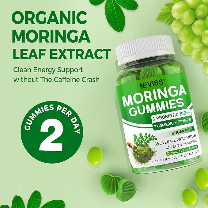 Moringa Gummies for Women Men w/Probiotic Turmeric Ginger Ceylon Cinnamon, Sugar Free, Organic Moringa Powder Capsules Alternatives, Pure Moringa Leaves Green Superfood Supplement - Vegan, 120Cts