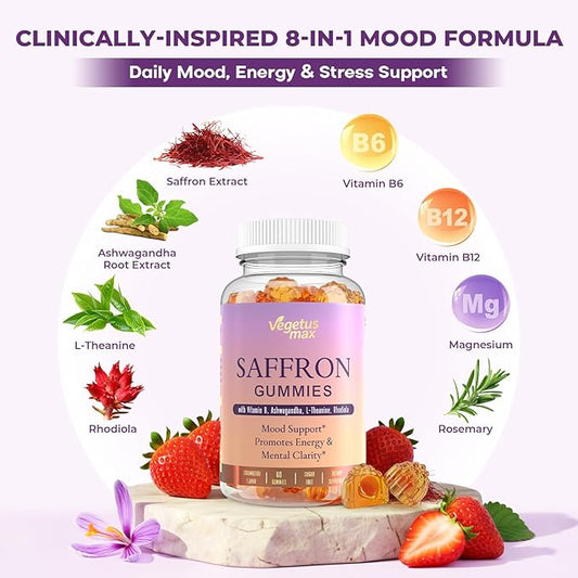 2 Pack Saffron Supplements Gummies, 88.5mg Pure Saffron Extract with Ashwagandha L-Theanine Rhodiola Rosemary Magnesium Vitamin B6 B12 for Mood Focus Support Adults Kids