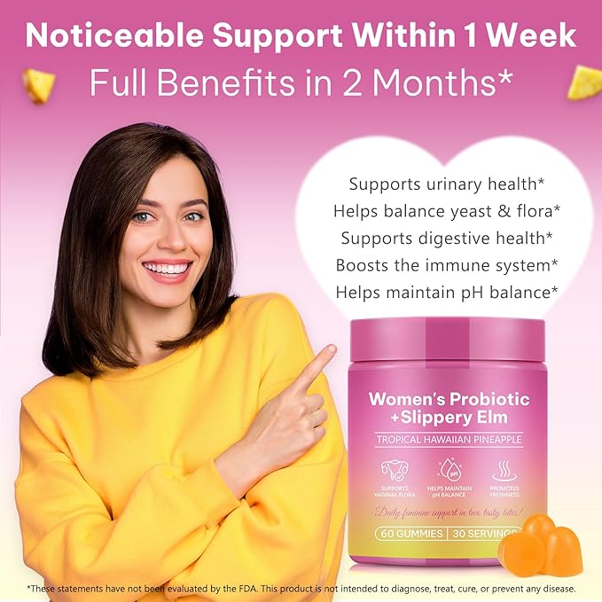 Feminine Probiotics Gummies - Probiotic Pineapple Gummies for Women, with Slippery Elm, Support ph Balance, Lactobacillus for Bladder and Vaginal Wellness, 60 Count