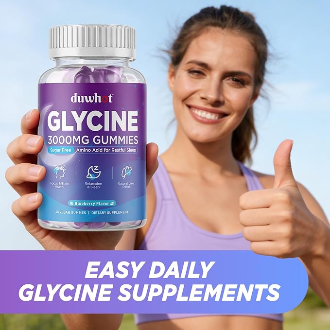 duwhot Glycine Gummies, 3g(3000 mg) Glycine Supplements for Sleep, Detox, Relax, Nerve Support, Blueberry Flavor, Sugar-Free, Vegan, Non-GMO, Gluten-Free, 120 Ct.