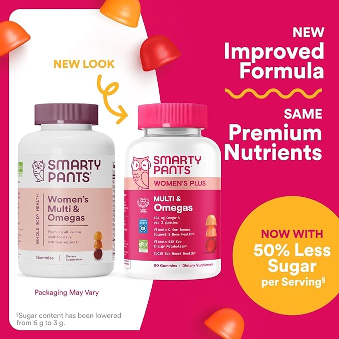 SmartyPants Women’s Multivitamin Gummies, Omega 3 DHA/EPA, Methylfolate, CoQ10, Vitamin D3, C, B12, B6, A, K, Zinc, Three Fruit Flavors, 90 Count (30 Day Supply)