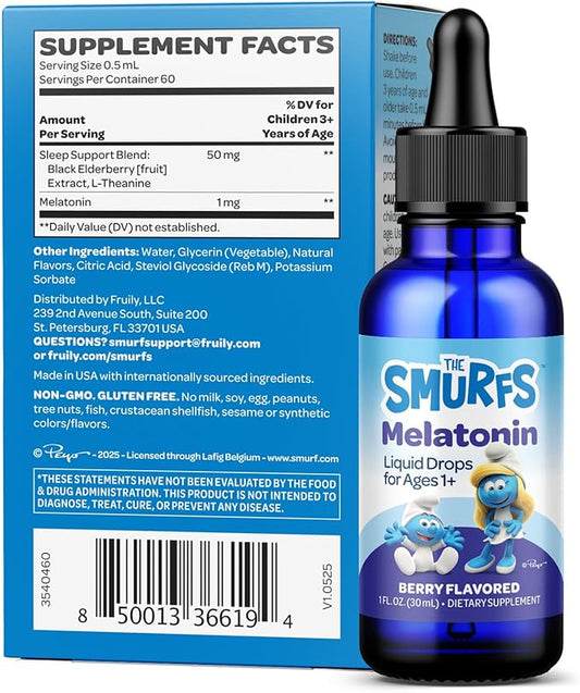 Smurfs Liquid Melatonin Drops for Kids | 1mg Melatonin Liquid for Kids with Calming Sleep Blend | Vegan Non-GMO & No Artificial Flavors or Colors | No Added Sugar | Berry Flavor | 60 Servings