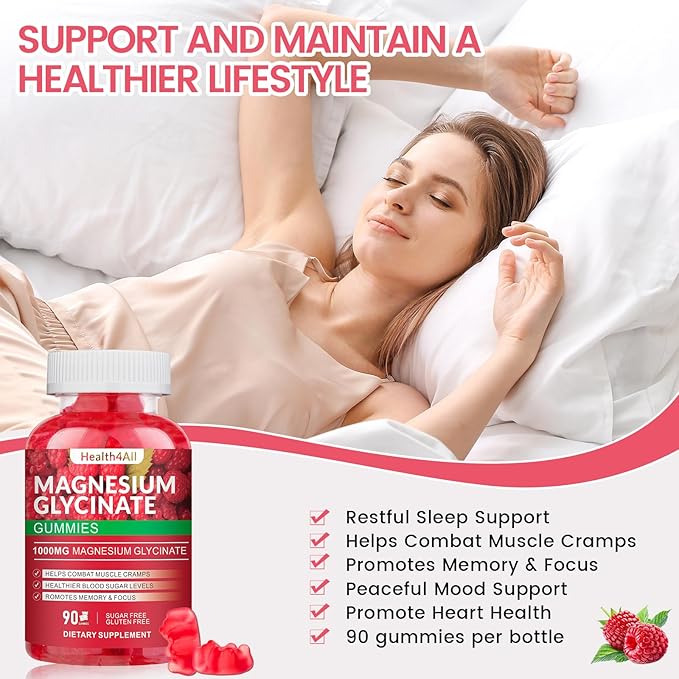 Magnesium Glycinate Gummies 1000mg, High Absorption Sugar Free Magnesium Potassium Supplement for Relaxation, Stress Relief, and Sleep Support for Adults & Kids - 180 Raspberry Gummies