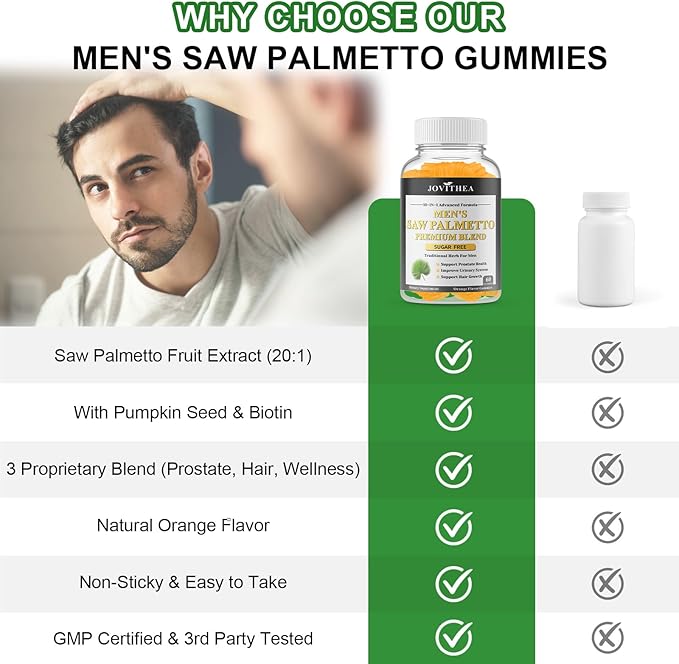 Saw Palmetto for Men Gummies, Extra Strength DHT Blocker for Men, with Pumpkin Seed Oil & Biotin, Support Prostate, Urinary Health & Hair Growth, Hormone Balance, Sugar Free, Vegan, Orange Flav, 60ct