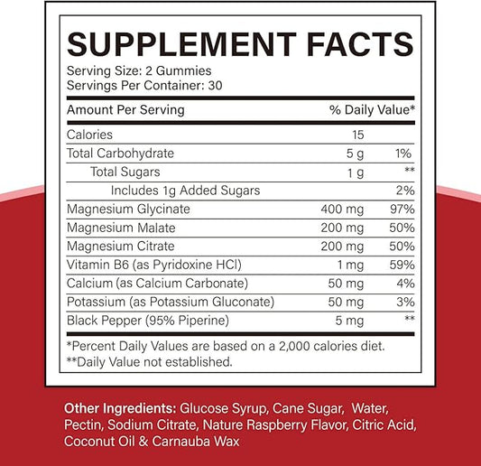 Triple Magnesium Complex 900 mg, Magnesium Glycinate, Citrate, Malate with Potassium, Calcium, Vitamin B6 for Calm & Sleep - Vegan, Non-GMO, Gluten Free - 60 Raspberry Gummies for Adults