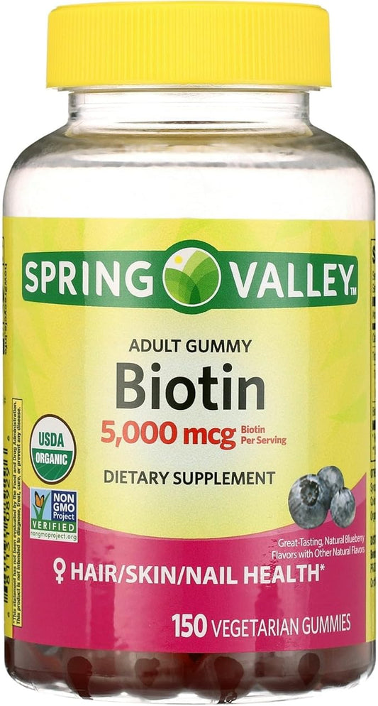 Spring Valley Biotin 5000mcg- Blueberry Flavor, Hair Skin and Nails 150 Gummies (Pack of 1), Set by Basket Goods