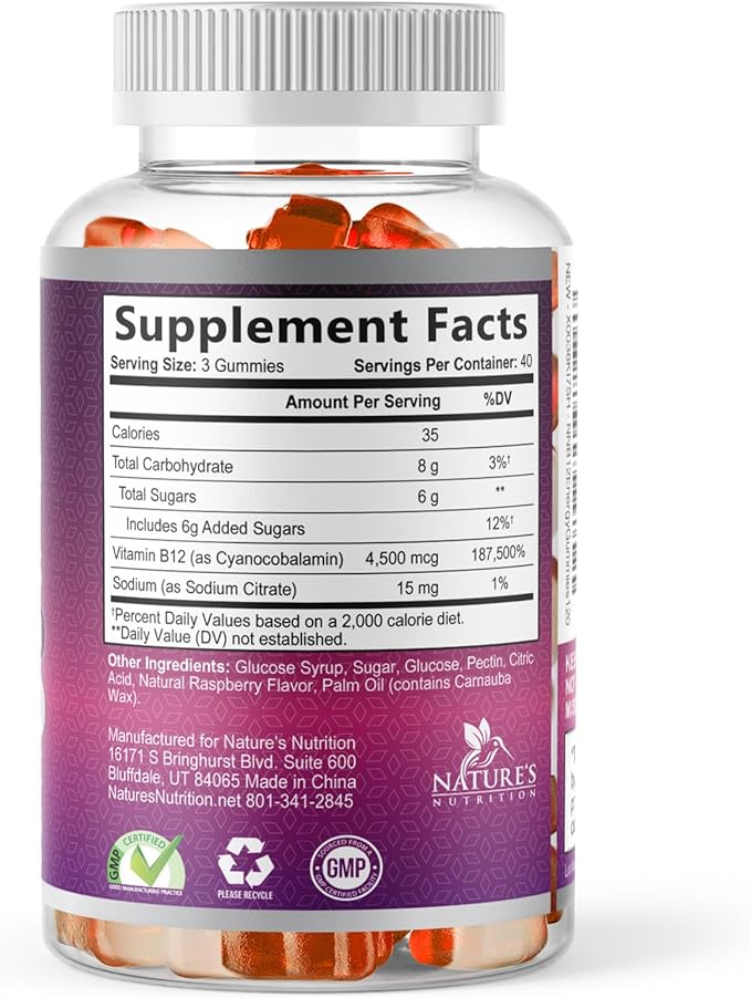 B12 Energy Gummies - 4500 mcg Vitamin B12 Per Serving - Extra Strength Chewable B12 Supplement for Energy, Metabolism & Immune Support - For Women, Men & Kids - Natural & Berry Flavored - 60 Gummies