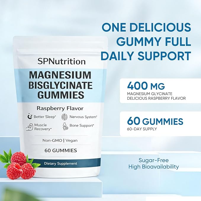 Spnutrition Magnesium Bisglycinate Gummies – Chelated Magnesium Supplement, Promotes Muscle & Nerve Function, Relaxation & Everyday Wellness – 60 Raspberry Gummies (1)