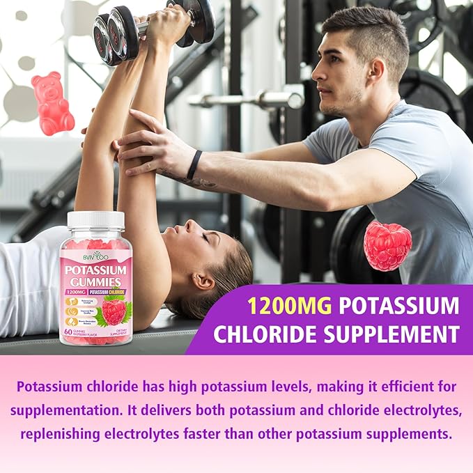 Potassium Gummies for Adults with 1200mg Potassium Chloride - Supports Muscle Health & Leg Cramps, Raspberry Flavor, 60 Count