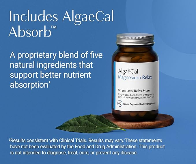 AlgaeCal Magnesium Relax™ - Chelated Magnesium with Ashwagandha for Sleep & Occasional Anxiety - Glycinate, Malate, Citrate - Sleep, Mood, & Cortisol Support (120 Caps - 2 Months Supply)