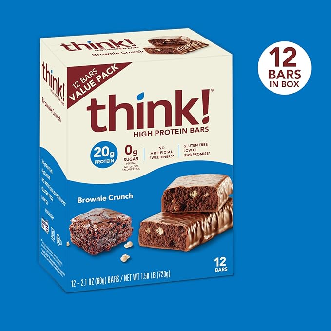 think! Protein Bars, High Protein Snacks, Gluten Free, Sugar Free Energy Bar with Whey Protein Isolate, Brownie Crunch, Nutrition Bars without Artificial Sweeteners, 2.1 Oz (12 Count) (Pack of 2)