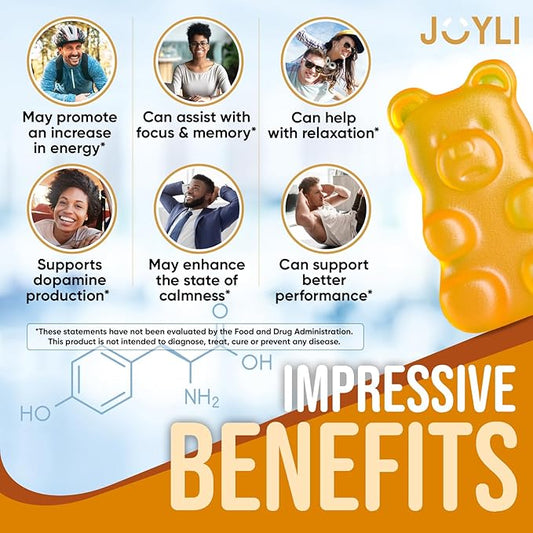 Joyli L Tyrosine Gummies 1000MG - L-Tyrosine Supplement for Kids & Adults - Calm & Focus Gummies for Brain, Memory, Mood, and Energy - 500mg L- Tyrosine Powder per Gummy - Vegan, Gluten-Free