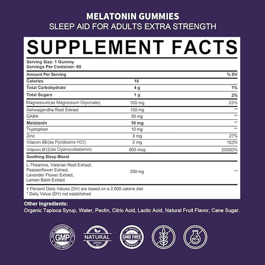 Melatonin Gummies 10mg 20mg for Adults, Melatonin 10 mg per Gummy with Ashwagandha, Magnesium Glycinate, GABA, L-theanine, Valerian Root and Lemon Balm, Rest Support Supplement, Grape Flavor, 60 Cts