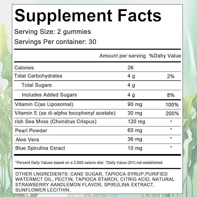 Sea Moss Gummies for Hair Loss,Hair Loss Gummies with Organic Sea Moss,Pearl Powder & Aloe Vera,Vitamin C, Vitamin E, Supports Hair & Skin Wellness Dietary Supplement — 60 Gummies