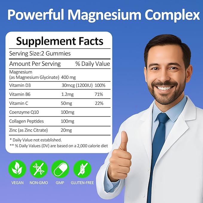 Magnesium Glycinate Gummies 400mg - Sugar Free Vegan Gummies for Adults & Kids with Vitamin D3, B6, C, CoQ10, Collagen, Zinc - Sleep, Muscle, Bone & Memory Support - 60 Blueberry Chewables / 2 Pack