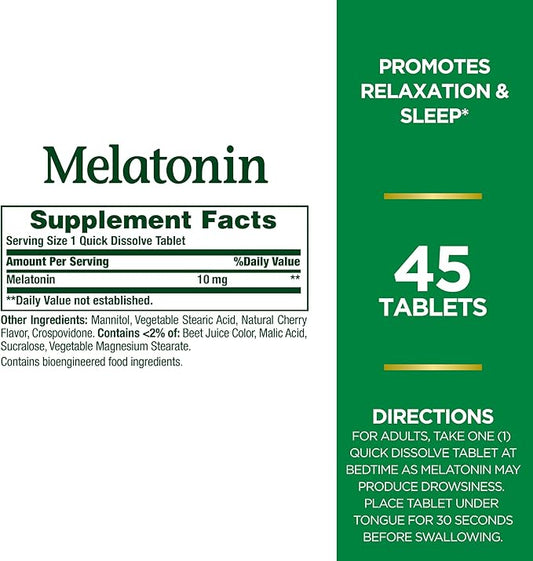 Nature's Bounty Melatonin, 100% Drug Free Sleep Aid, Dietary Supplement, Promotes Relaxation and Sleep Health, 10mg, 45 Quick Dissolve Tablets (Pack of 3)