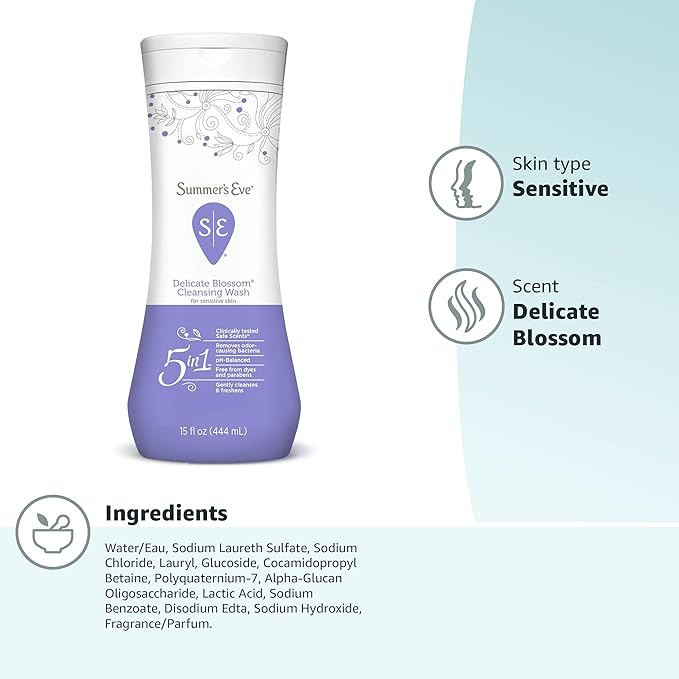 Summer's Eve Delicate Blossom All-Over Daily Feminine Wash, pH-Balanced Body Wash for Women, Removes Vaginal Odor and Refreshes, 15 Fl Oz (Pack of 2)