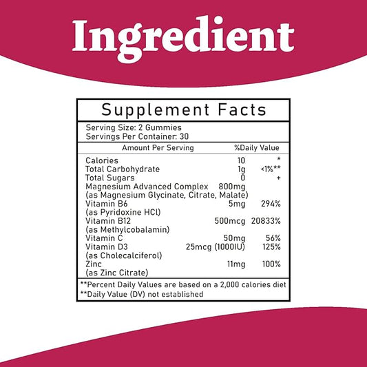 Magnesium Complex Gummies 800mg - 60 Counts Magnesium Glycinate&Citrate&Malate Gummy for Rest Muscle Function