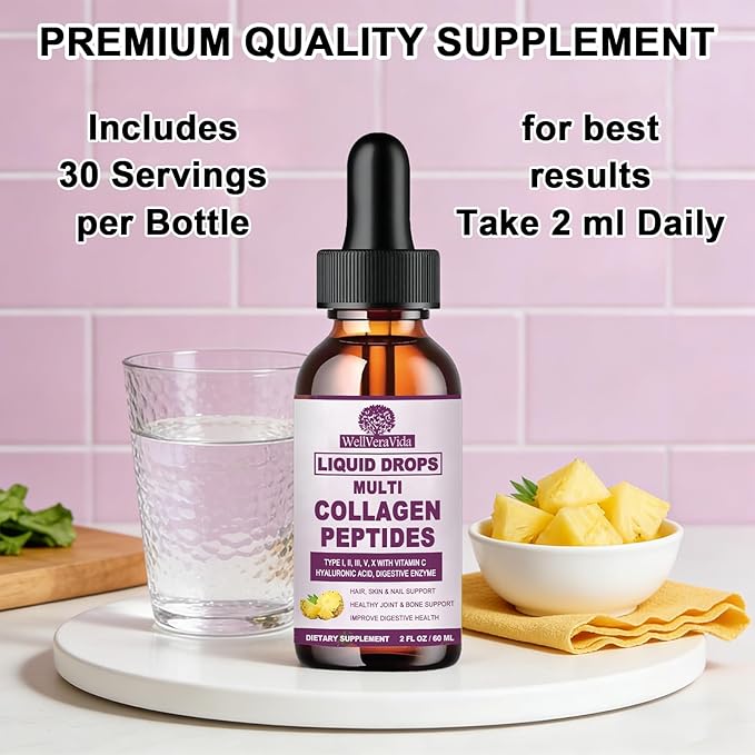 Multi Collagen Peptides Liquid Drops, 2oz – Types I, II, III, V, X, Hydrolyzed Collagen Complex for Hair, Skin, Nails, Bones & Joint Support | Collagen Supplement w. Hyaluronic Acid, Biotin, Vitamin C