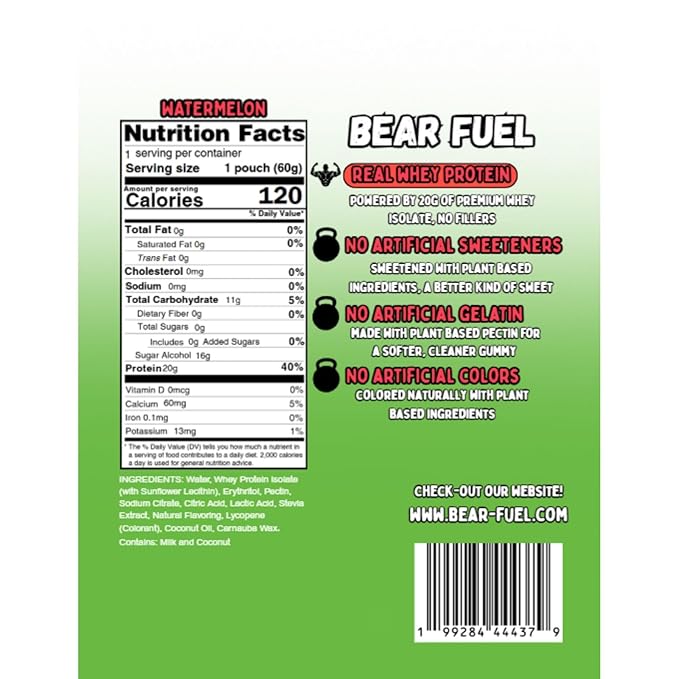 Bear Fuel Protein Gummies – 20g Protein Candy Snack – High Protein, Zero Sugar, Naturally Sweetened Gummy Bears – Fruit Variety (1, Watermelon)