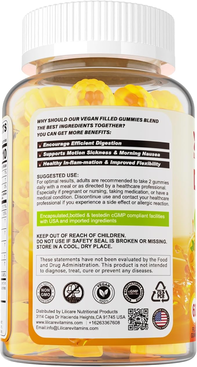LILICARE Ginger Chews Gummies for Nausea & Digestive Support, Stomach Relief, Sugar Free with Turmeric,Odorless Garlic, Quercetin, Vitamin D3,Digestive Supplements for Occasional Bloating & Gas, 2Pack