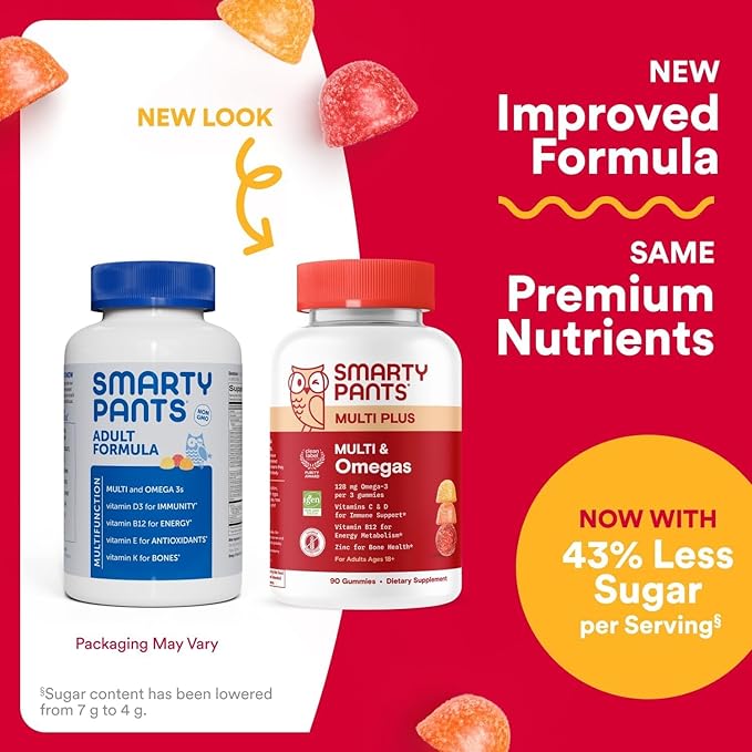 SmartyPants Multivitamin for Men & Women, Multivitamin Gummies with Omega 3 (DHA/EPA), Vitamin D3, C, Vitamin B12, B6, A, K & Zinc, Biotin, Gluten Free, 90 Count (30 Day Supply)