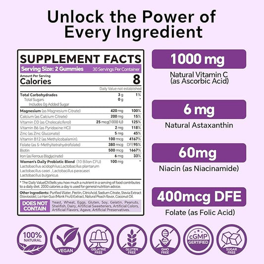 Magnesium Citrate Gummies 420mg for Adult - Dual Layer - w/10 Billion CFU - 5 Strains Probiotics & Calcium, D3, Biotin, Iron, B6, B12, Folate, Support for Bone, Nerve, Relaxation, Muscle - Vegan 60Cts