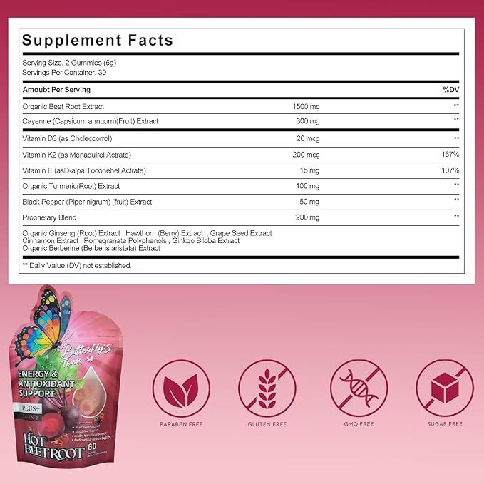 BUTTERFLY'S TEAR Organic Beet Root Gummies, 1500mg Beet Root Powder, Supports Healthy Circulation & Vitality, Non-GMO, Plant-Based (60 Count (Pack of 3), Superfood Beets Gummies)