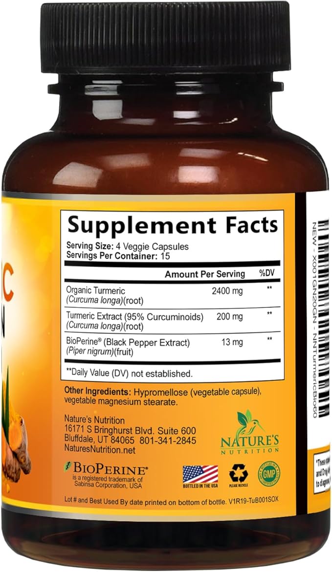 Turmeric Curcumin Supplement - 2400mg Organic Turmeric Per Serving - 95% Curcuminoids & BioPerine Black Pepper Extract for Best Absorption - Natural Vegan Joint Support - Bottled in USA - 60 Capsules