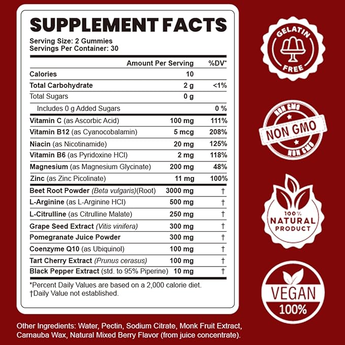 Beet Root Gummies - Nitric Oxide Booster Supplements for Men & Women with Beetroot, L-Citrulline & L-Arginine - Heart, Muscle & Circulation Support - Sugar Free, Vegan, Mixed Berry Flavor, 60 Gummies