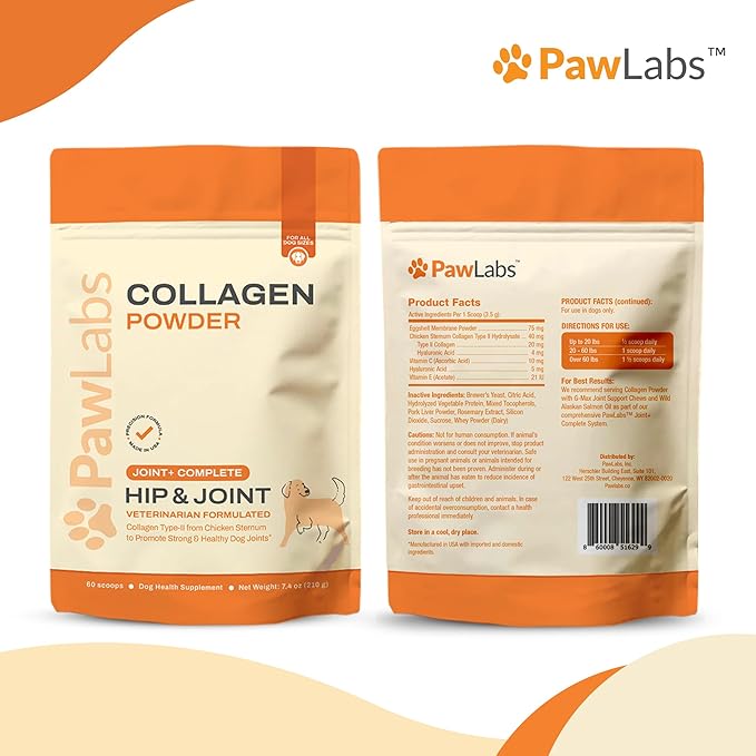 PawLabs Collagen Powder for Dogs - Collagen Type II from Chicken Sternum, Eggshell Membrane, Hyaluronic Acid, Vitamin E & C - Joint Health & Cartilage Support