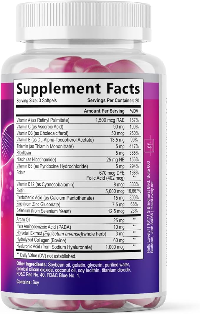 Hair Vitamins for Women for Hair Growth - Argan-Infused Supplement with Collagen, Biotin and Hyaluronic Acid - Supports Faster Hair Growth, Skin & Nails Beauty Vitamins, Bottled in USA - 60 Softgels