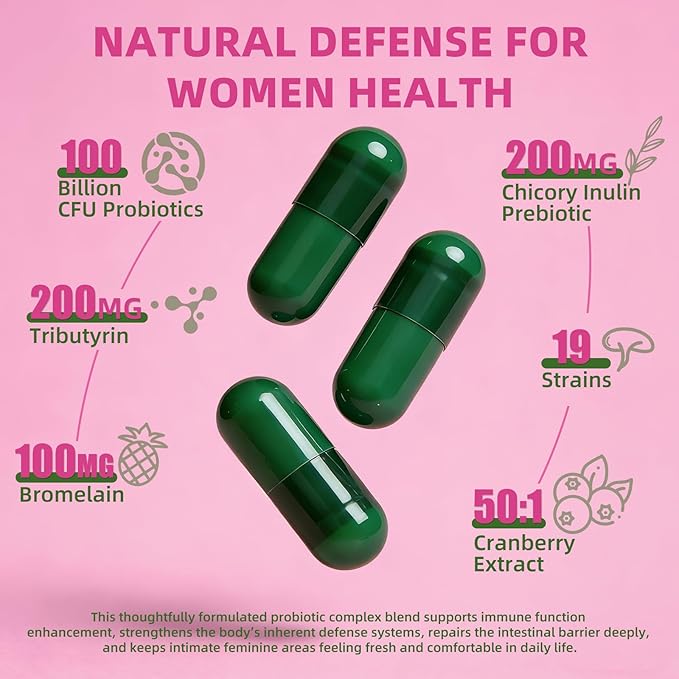 Vaginal Probiotics for Women, 100 Billion CFU with Akkermansia Probiotics & Prebiotics & Synbiotics Supplement for Vaginigal Health, pH Balance, Moisture, Odor Control, Non-GMO, Third-Party Tested