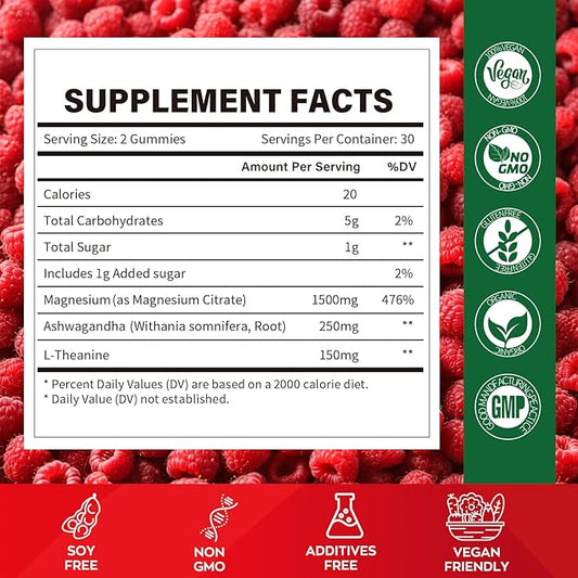 High Absorption Magnesium Gummies for Adults,Magnesium Supplement for Muscle, Nerve, Bone and Heart Support, Vegan, Non-GMO,Raspberry Flavor (60 Count(Pack of 2))