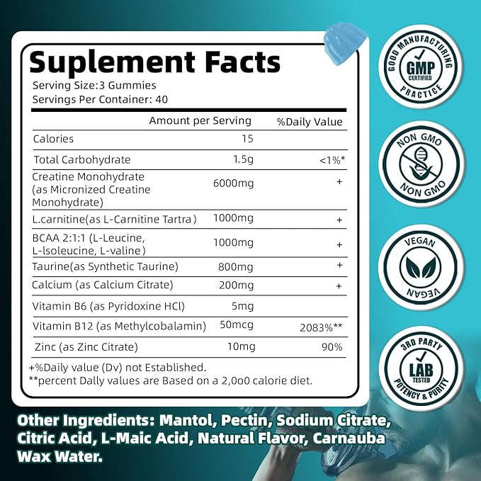 Creatine Monohydrate Gummies 9000mg for Men & Women, Potent Creatine Supplement 5g Chewables Creatine Per Serving, Pre-Workout Gummies for Enhanced Strength, Energy & Muscle Growth - 120 Count