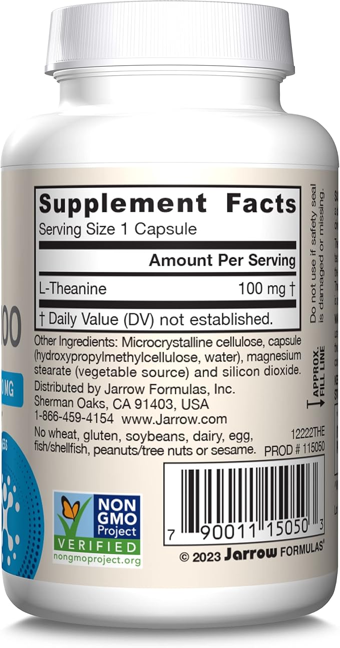Jarrow Formulas® Regular Strength Theanine 100 mg, Dietary Supplement, 60 Capsules, 60 Day Supply