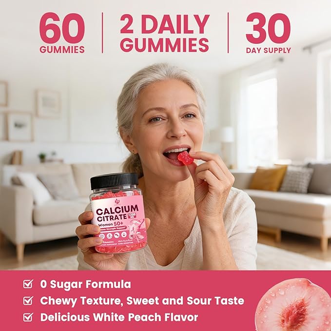 Calcium Citrate with Vitamin D3 Gummies for Women 50 Plus - Bones, Teeth, Immune Support, 1200mg Calcium Citrate Gummies with Vitamin D3 K2, Vegan, Sugar-Free, 60 Count