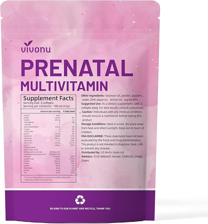 VivoNu 19 in 1 Prenatal Multivitamin, Prenatal Vitamins for Women, Vitamin C D3, K2, B6, B12 with Folic Acid, DHA, Choline, Probiotic, Iron, Calcium, Zinc & Magnesium, Lemon Flavor, 300 Softgels