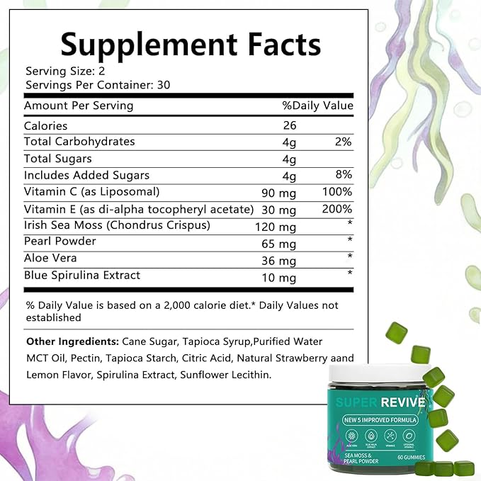 Super Revive Gummies for Hair Loss - Sea Moss Gummies with Vitamin C, E, Aloe Vera & Pearl Powder Glow, Promotes Thicker, Fuller & Stronger Hair - 60 Count