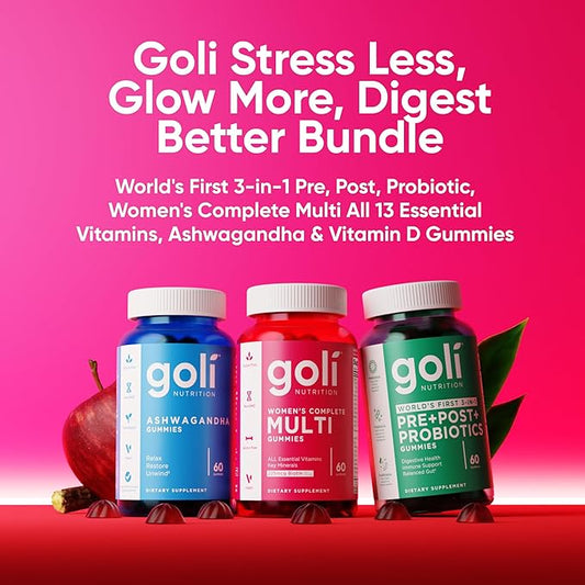 Goli Stress Less, Glow More, Digest Better Bundle - World's First 3-in-1 Pre, Post, Probiotic, Women's Complete Multi All 13 Essential Vitamins, Ashwagandha & Vitamin D Gummies, Vegan