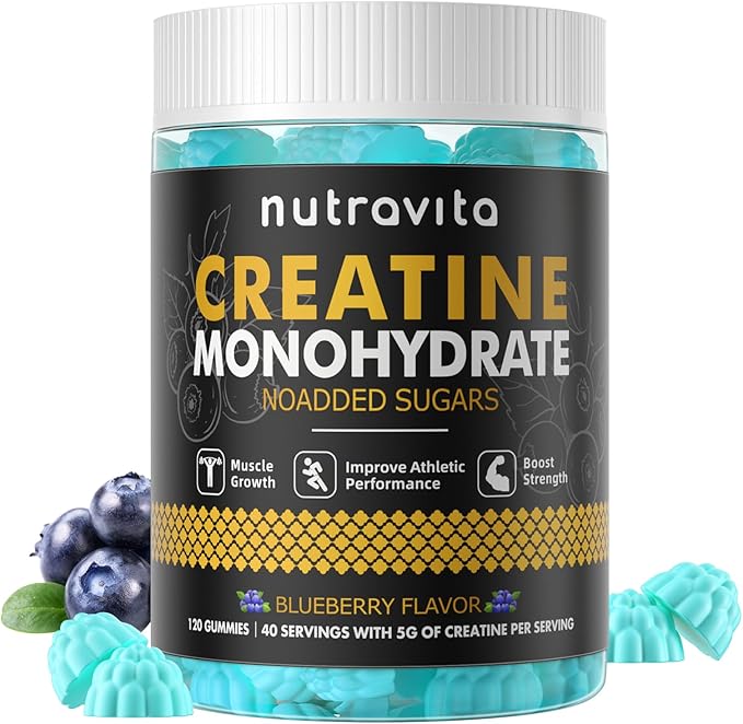 Nutravita NSF Certified Creatine Gummy - Creatine Monohydrate Gummies for Men & Women-5g of Creatine Monohydrate per Serving - Sugar Free,Vegan, Blueberry Flavor, 120 Count