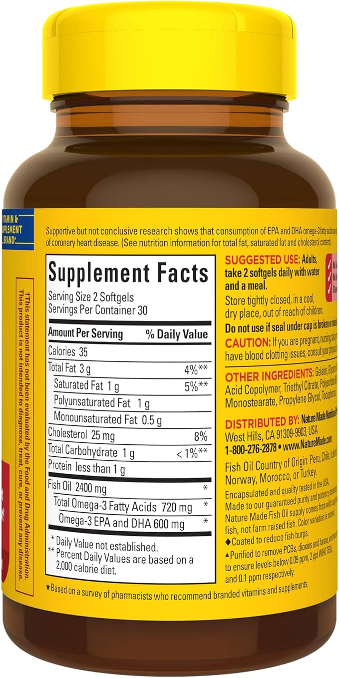 Nature Made Burp Less Fish Oil Omega 3 Supplements, 1200 mg Softgels, EPA DHA Omega 3 Fish Oil Supplements for Healthy Heart Support, 60 Softgels, 30 Day Supply