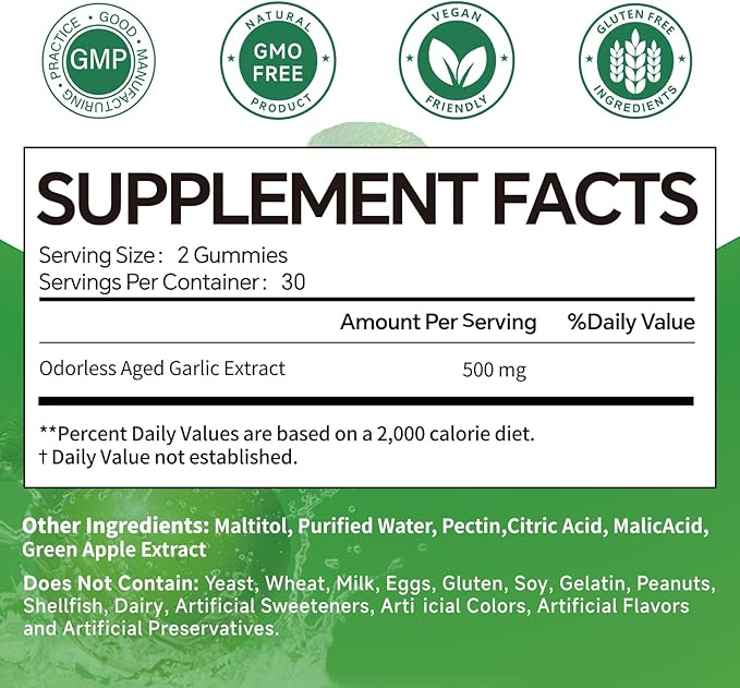 Odorless Aged Garlic Extract Gummies,7500mg Garlic,2 Years Aged Garlic Extract,Grown Allium Sativum Bulb,Potent Antioxidant Supplement,Immune Support,Heart Health,Green Apple Flavor